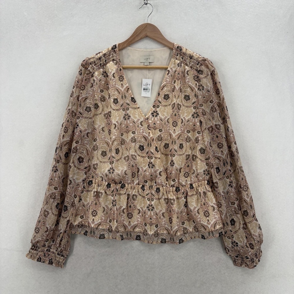LOFT Blouse Womens Large Beige Paisley V Neck Long Sleeve Ruffle Chiffon Top NWT